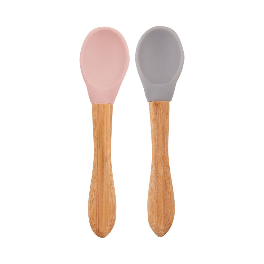 Minikoioi Colheres em Silicone e Bambu - Pinky Pink/Powder Grey