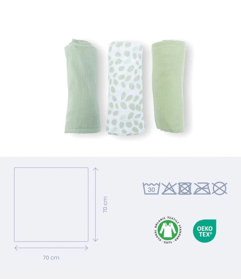 Doomoo Pack 3 Musselinas 70X70 Lovely - Mini Leaves Green