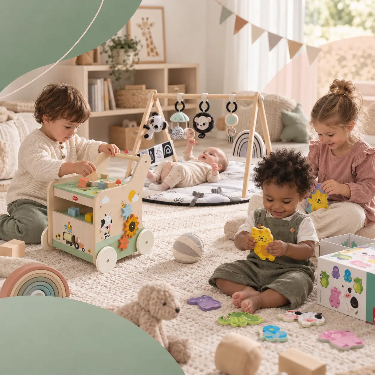 Crianças a brincar com brinquedos para bebé e criança