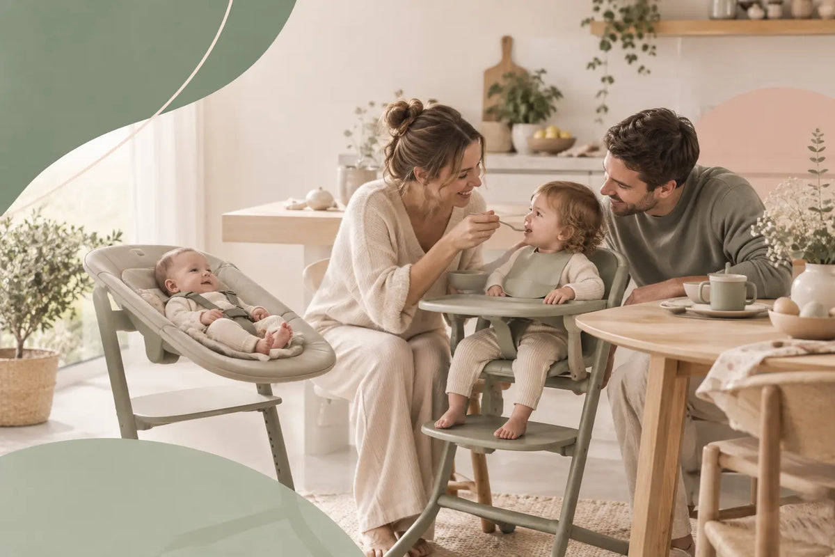 Bebé na hora de comer com produtos de alimentação infantil