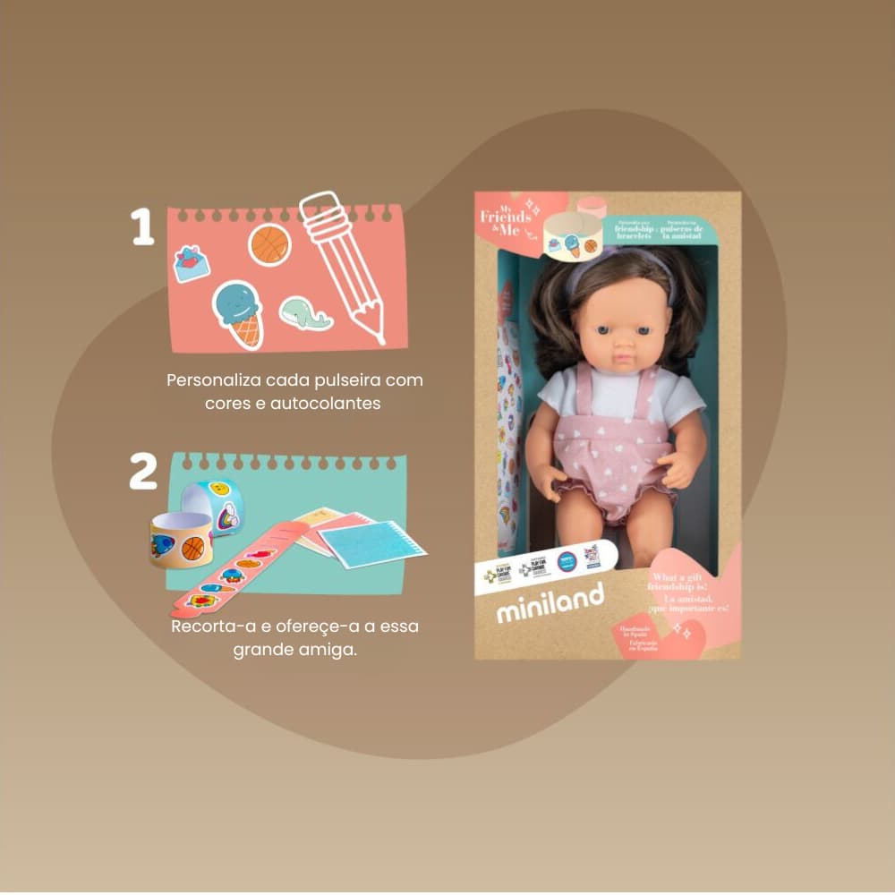Boneca de Cabelo Castanho Caucasiano 38 cm My Friends & Me da Miniland - Dos 10 meses aos 6 anos