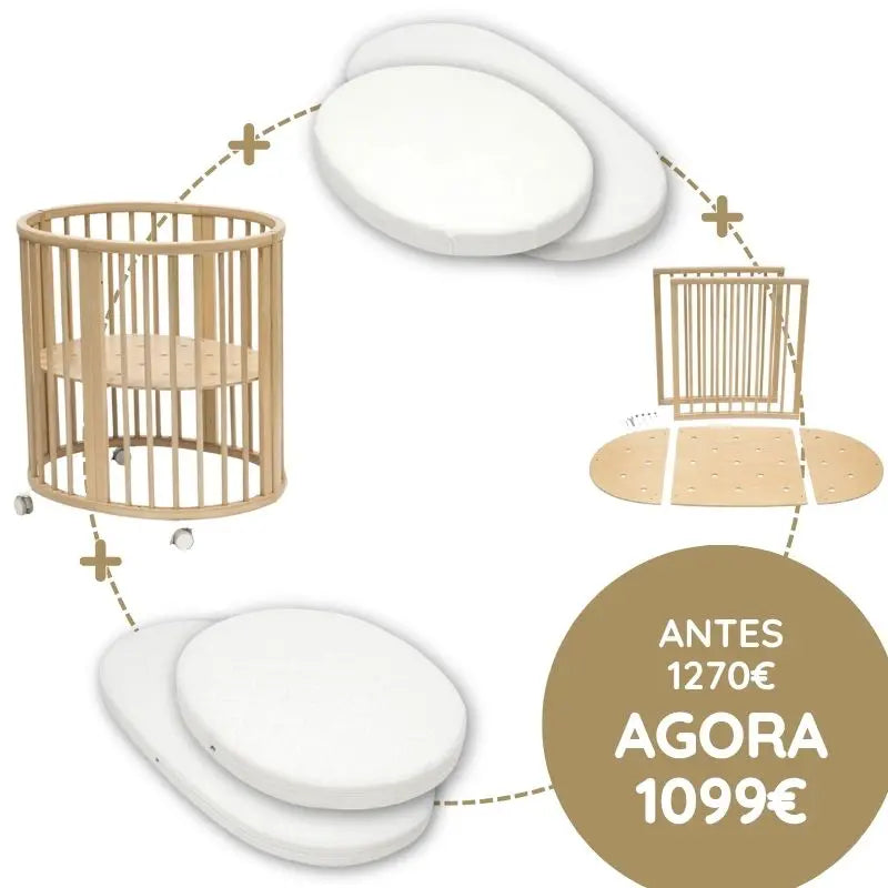 Stokke Sleepi Mini Berço + Extensão + Colchões + Lençóis - Natural