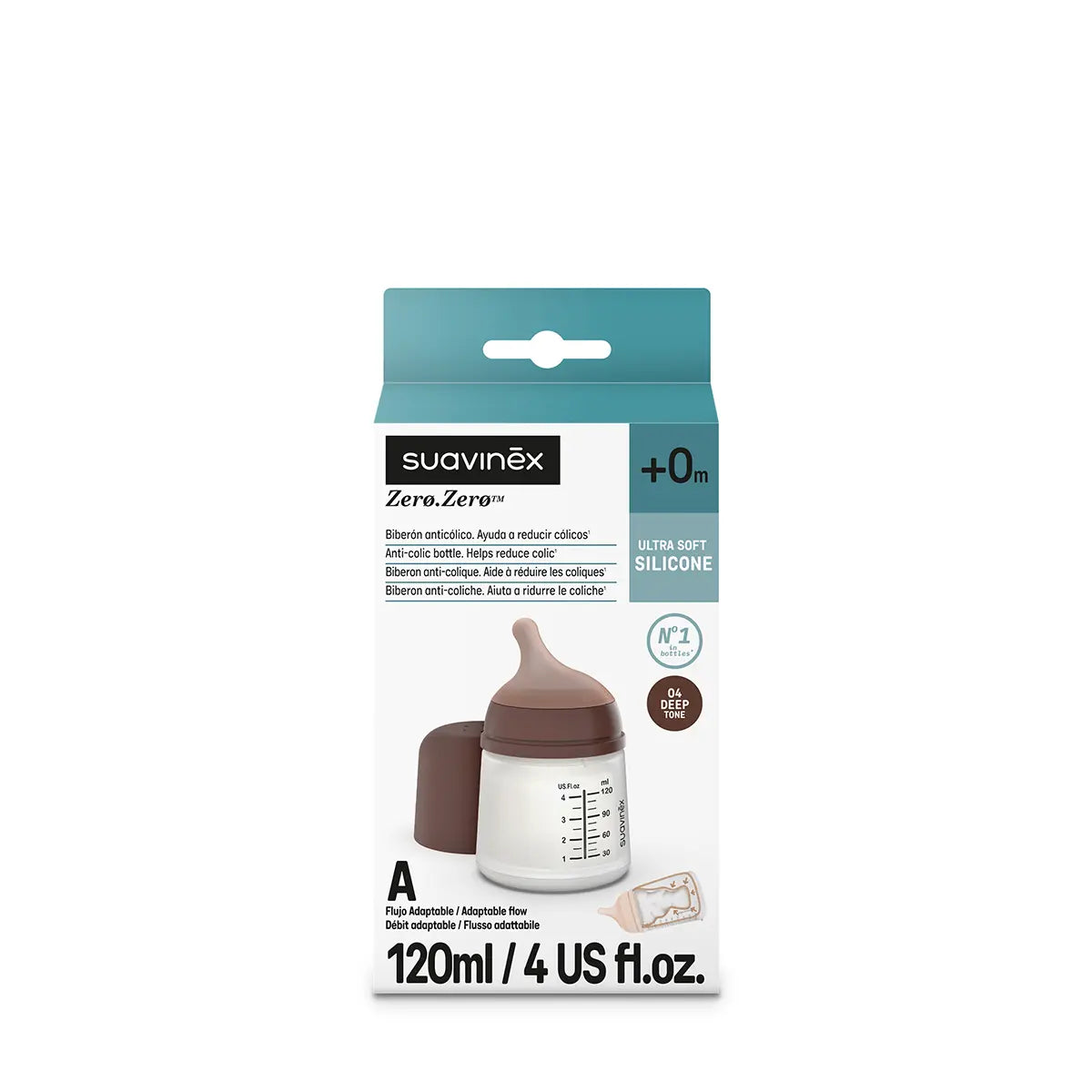 Suavinex Zero.Zero Anti-Colic Bottle 120 ml - Adaptive Flow - Dark Tone