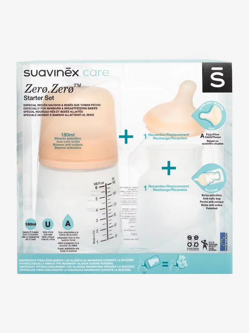Suavinex Kit Inicial Zero.Zero Biberão 180 ml Fluxo Adaptável + Bolsa de Silicone - Tom Muito Claro