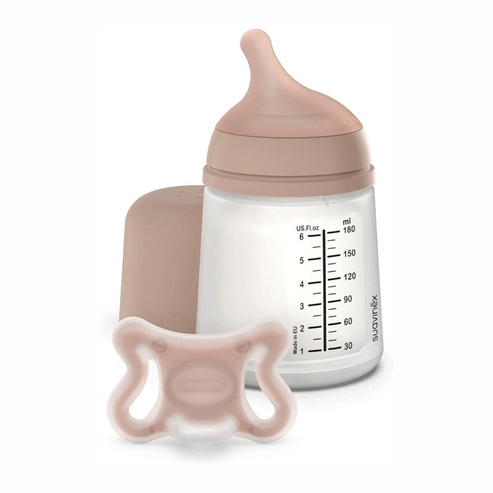 Suavinex Kit Inicial Zero.Zero Biberão 180 ml Fluxo Adaptável + Chupeta -2 a 2 Meses - Tom Médio