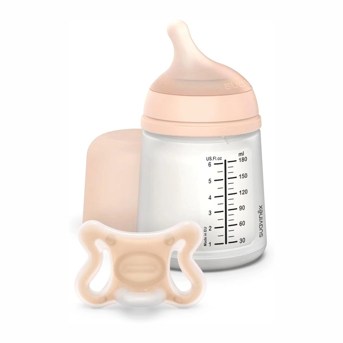 Suavinex Kit Inicial Zero.Zero Biberão 180 ml Fluxo Adaptável + Chupeta -2 a 2 Meses - Tom Muito Claro