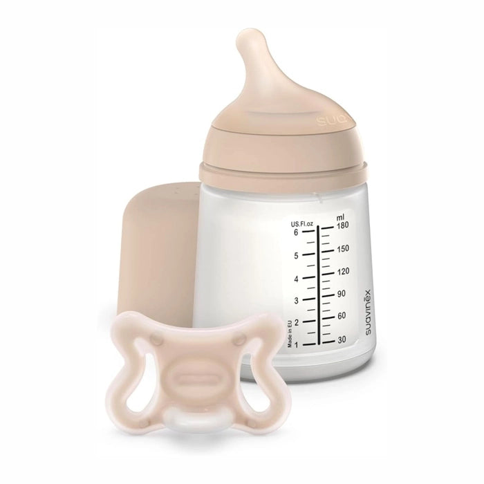 Suavinex Kit Inicial Zero.Zero Biberão 180 ml Fluxo Adaptável + Chupeta -2 a 2 Meses - Tom Claro