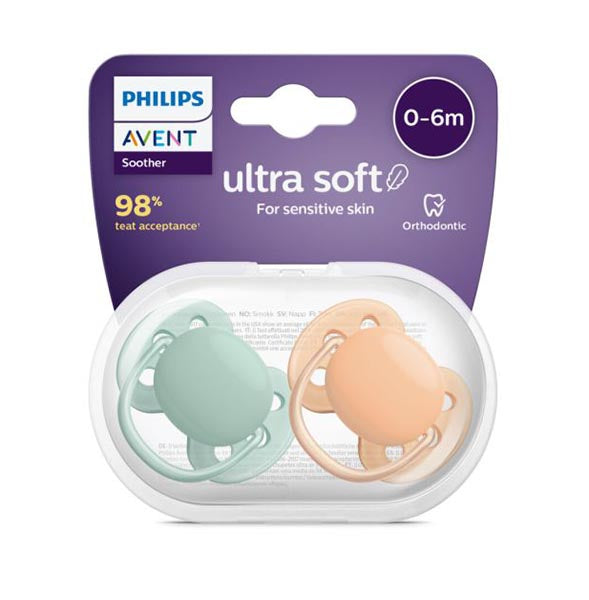 Philips Avent - 2 Chupetas - Ultra Soft 0-6M - Lisas Verde/Ocre