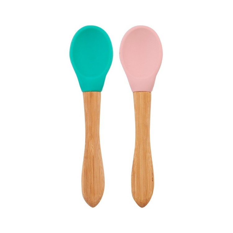 Minikoioi Colheres em Silicone e Bambu - Verde e Rosa