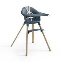 Stokke® Clikk™ High Chair with Tray and Harness, in Natural and Fjord Blue.