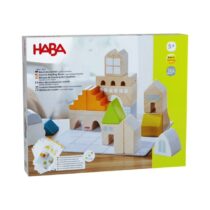 Jogo de Composição de Arquitectura da HABA, com peças em madeira nas cores azul, verde, laranja, branco e natural.